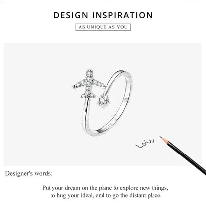 Bague ouverte en argent sterling 925 avec avion volant en zircone cubique