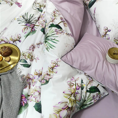 Parure de lit Eden 600 fils en coton à motifs floraux – Blanc/Lilas