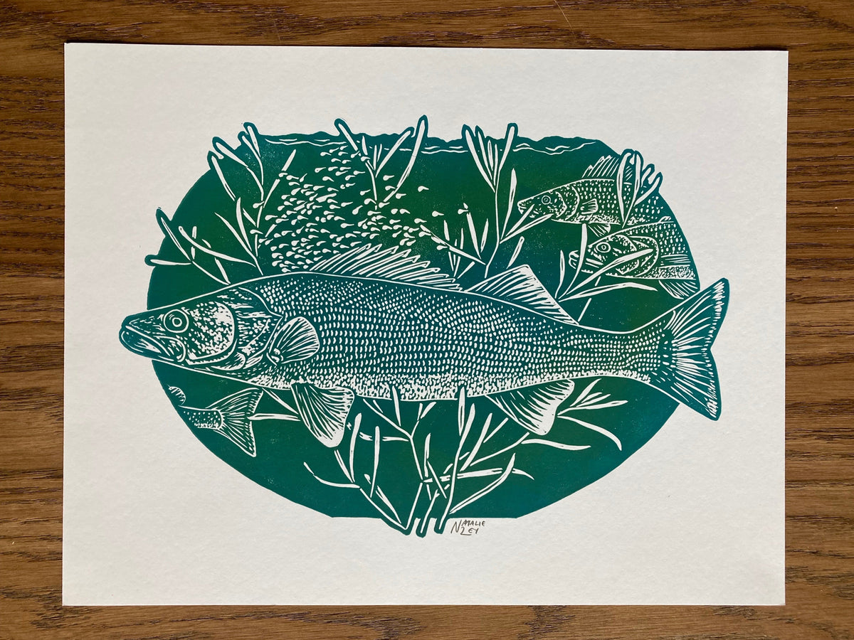 'Walleye' lino print