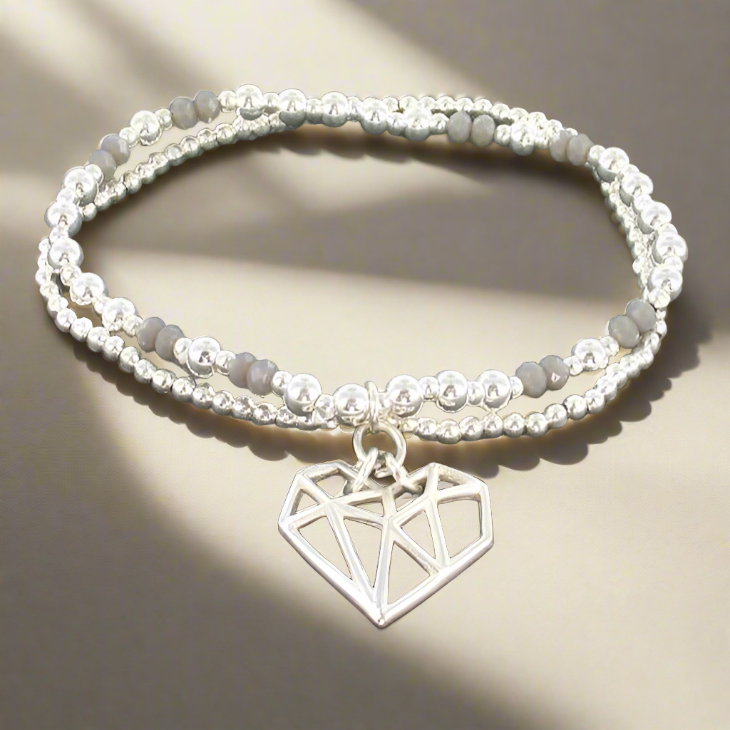 Bracelet double rang avec pendentif cœur en plaqué argent