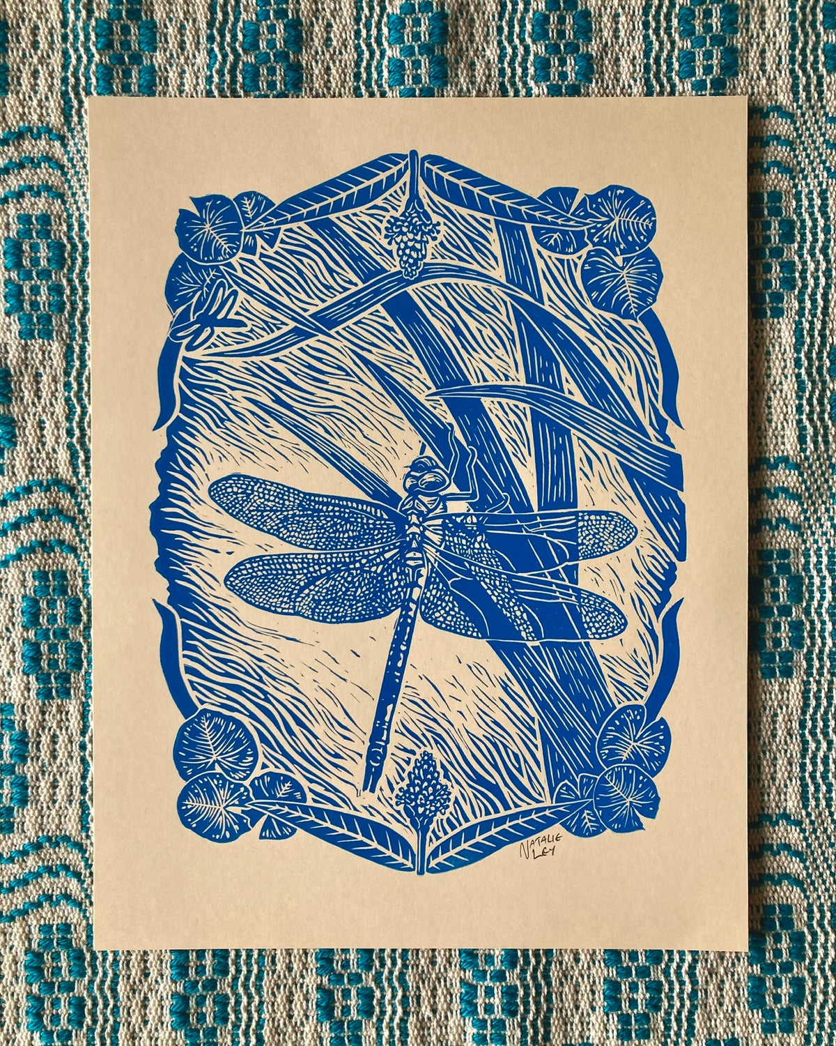 'Green Darner Dragonfly' lino print