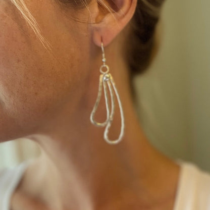 Double Teardrop Metal Earrings - Silver Colour