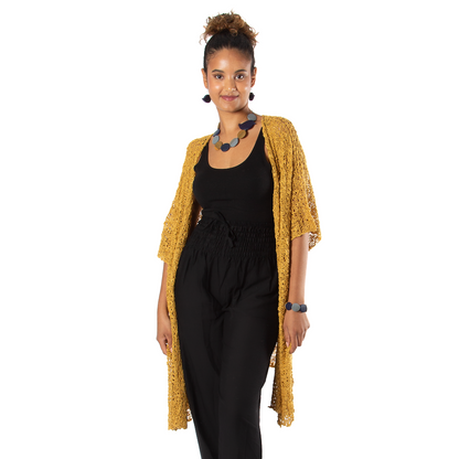 Kimono en tricot popcorn mi-long - Moutarde