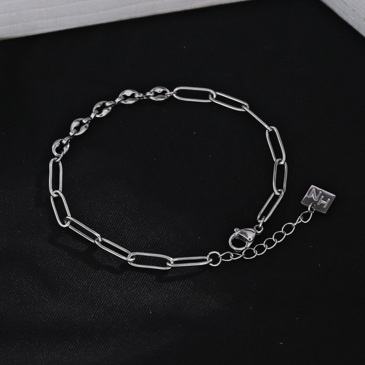 IZARA Silver (White Gold):  Paperclip & Oval Bead Chain Bracelet – Modern Minimal Statement Jewellery