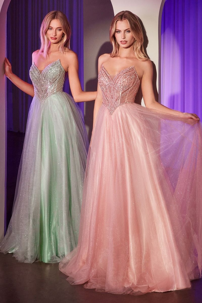ROBE DE BAL EN TULLE EMPERLÉE SANS BRETELLES