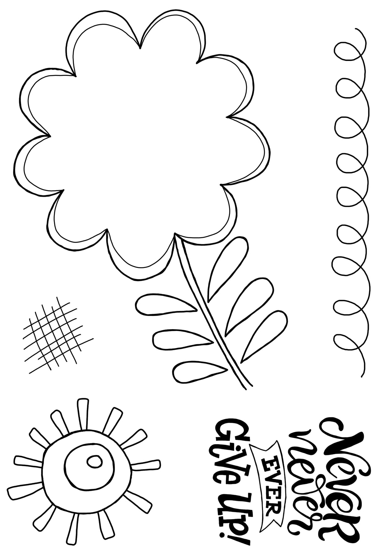 Woodware Clear Singles Petal Doodles Never Give Up Lot de tampons 4 po x 6 po