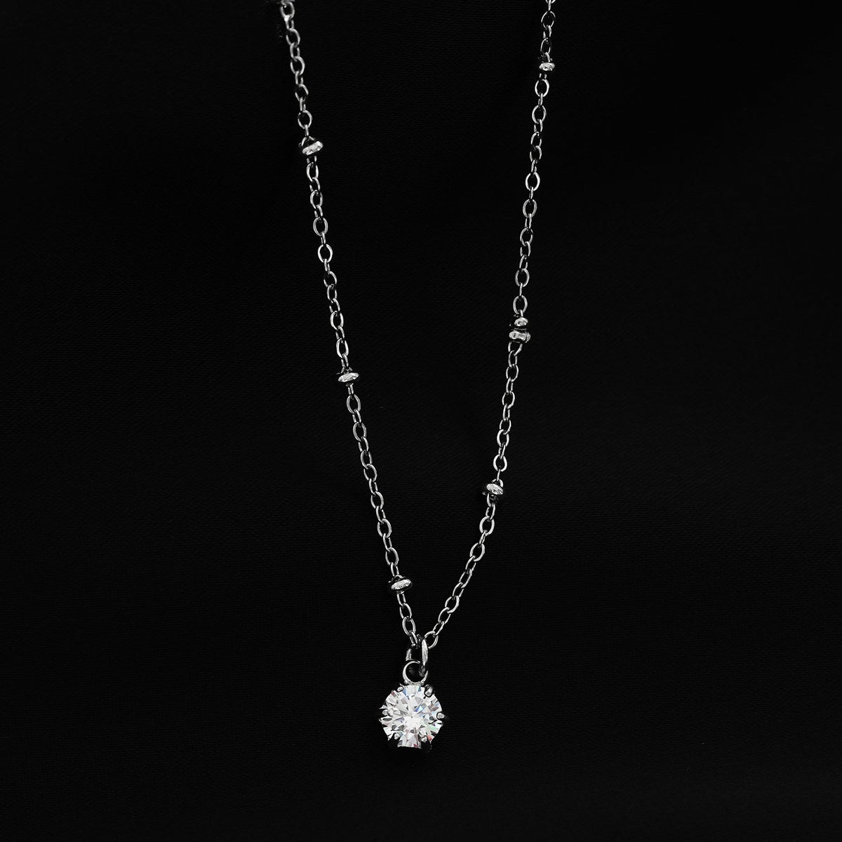KADIRI Silver:  Solitaire Zirconia Charm Pendant on a Beaded Chain Necklace