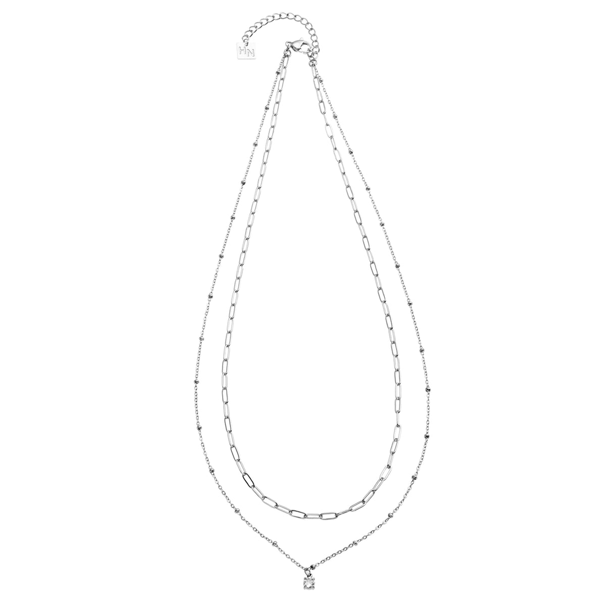 KATERI Argent : Collier chaînes superposées avec pendentif breloque solitaire zircone