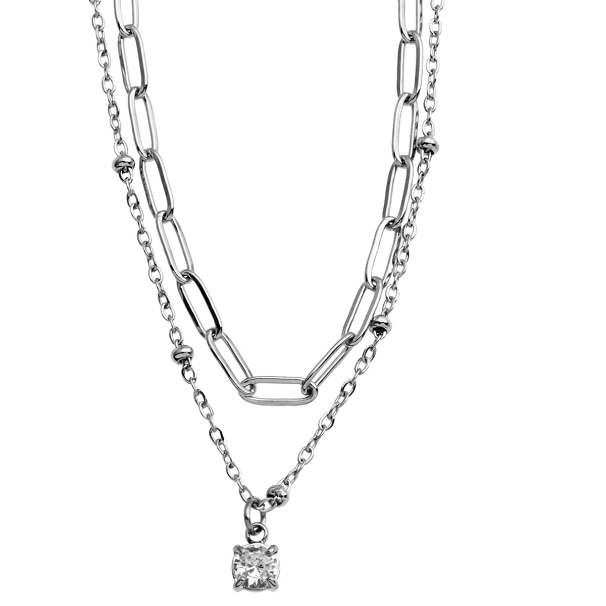 KATERI Argent : Collier chaînes superposées avec pendentif breloque solitaire zircone
