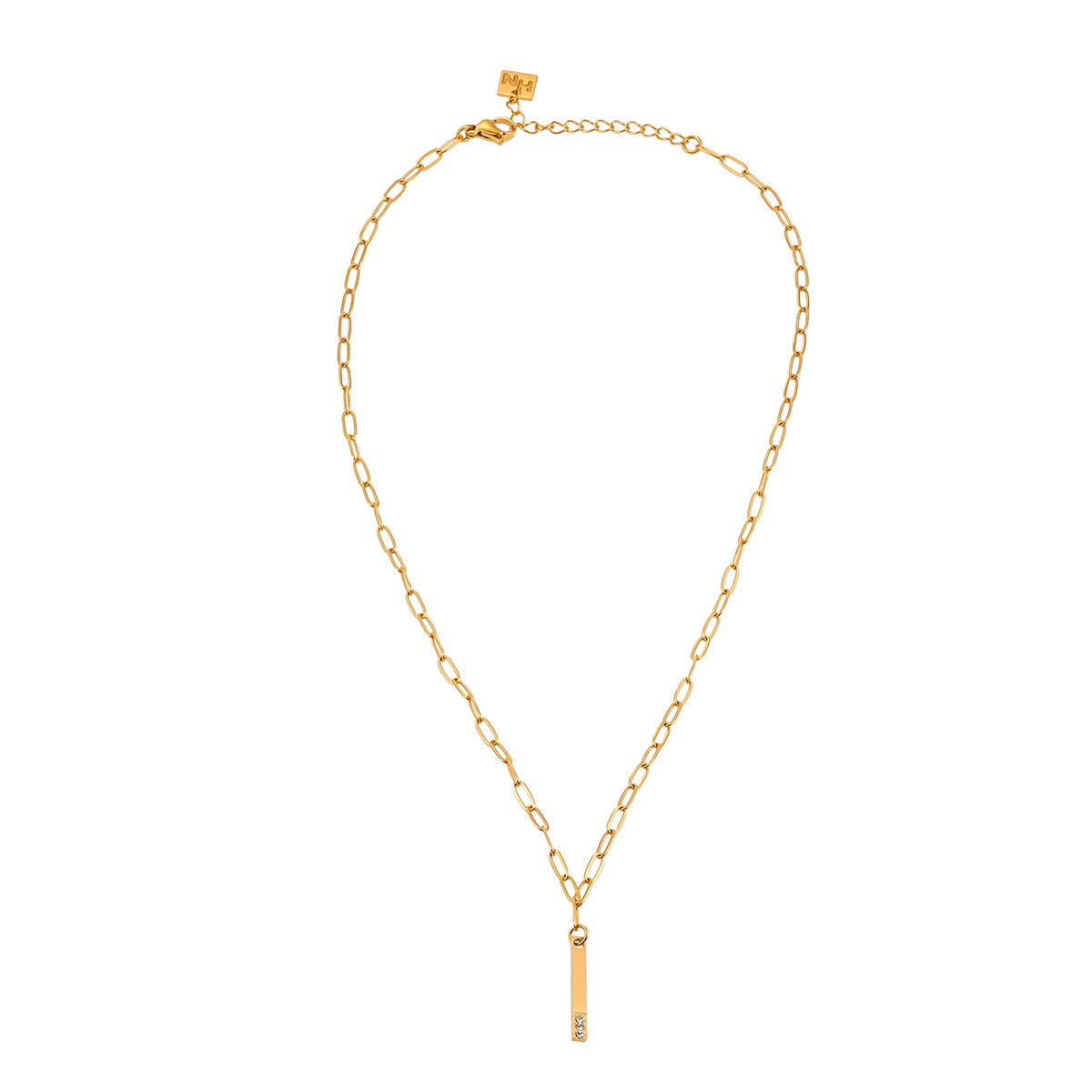 Style KORATIA : Collier Minimaliste avec Chaîne Trombone et Pendentif Barre Ornée de Zirconium Doré