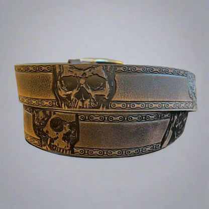 Keldon Men’s Full-Grain Leather Biker Belt. Skull Chain Embossed Design with Removable Buckle