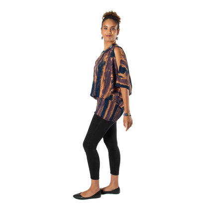 Abstract Tie Dye Split Shoulder Top -Blue & Gold