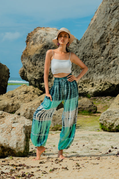 Pantalon Bali rayé tie-dye - Turquoise et gris