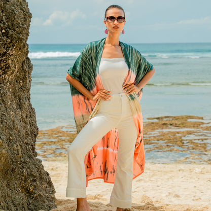 Kimono long rayé tie-dye – Rose et gris