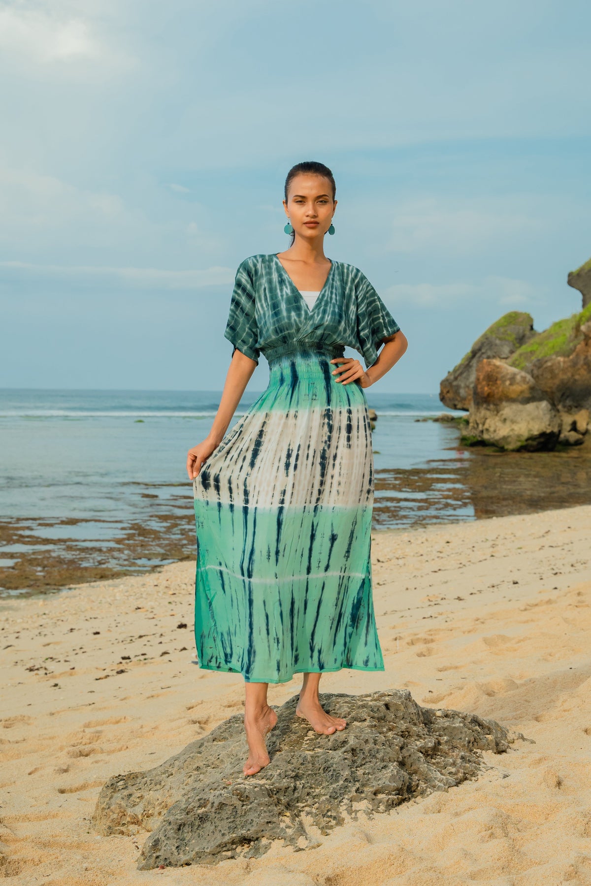Robe longue rayée tie-dye – Turquoise et gris