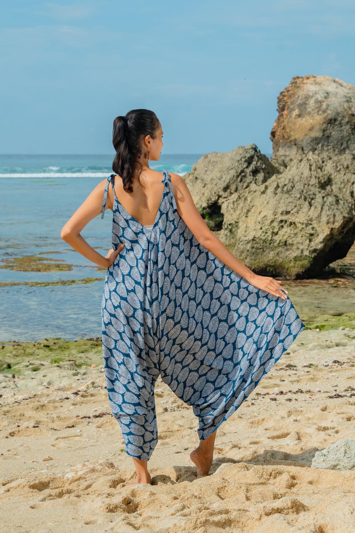 Leaf Print Romper - Navy & White