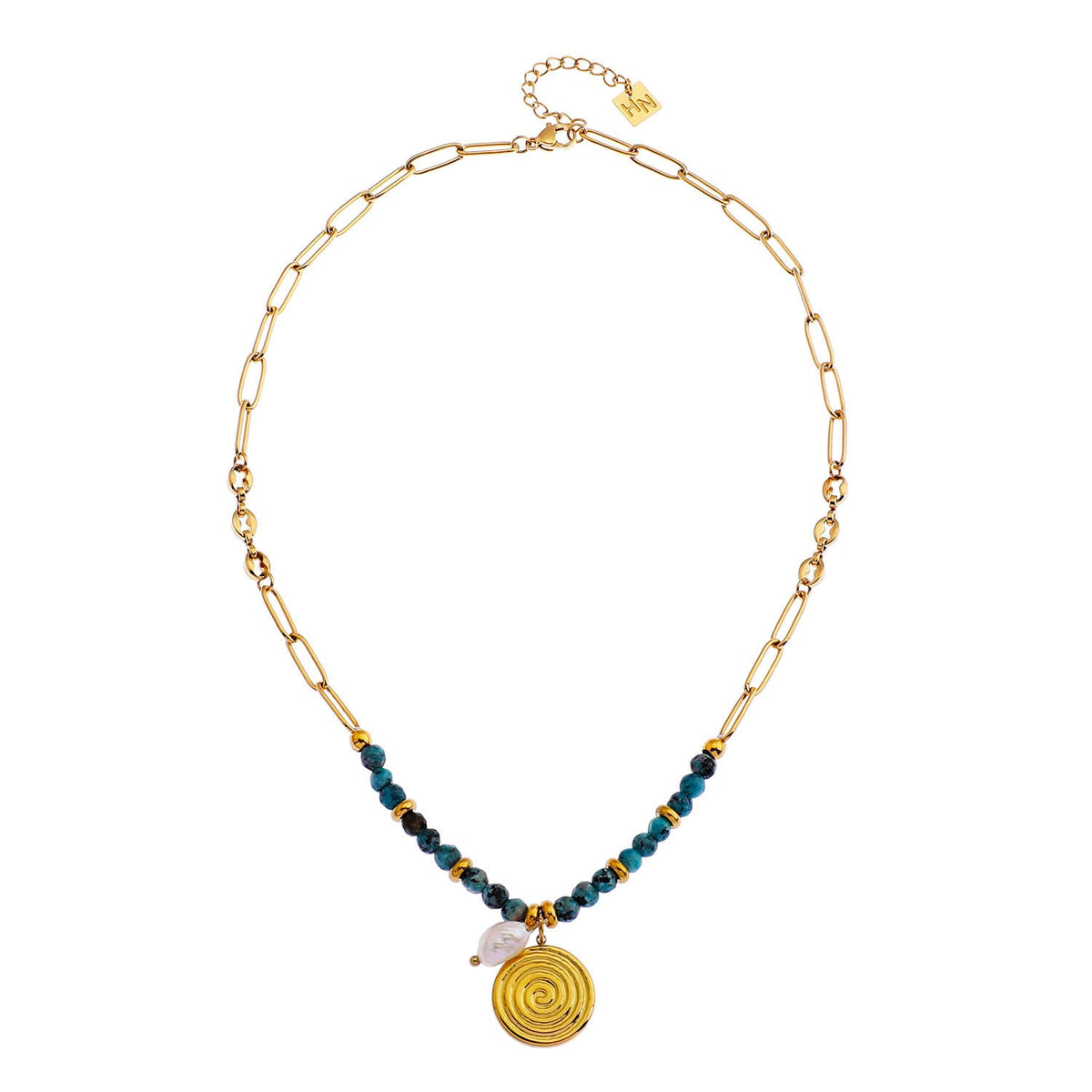 MEDELLIN : Chaîne Contemporaine avec Perles de TURQUOISE AFRICAINE et Duo de Pendentifs