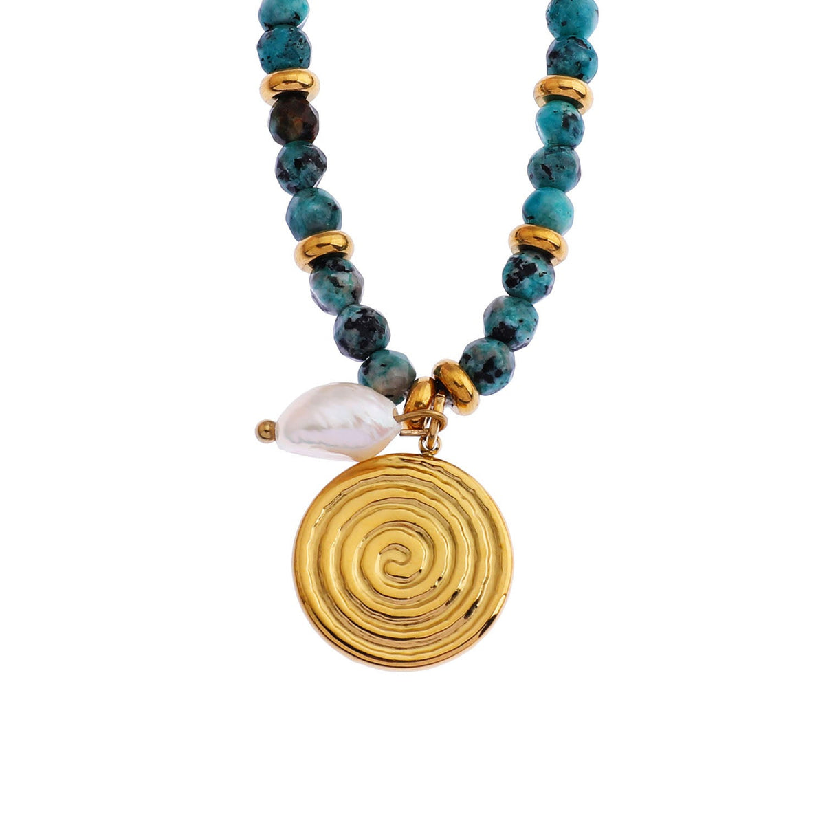 MEDELLIN : Chaîne Contemporaine avec Perles de TURQUOISE AFRICAINE et Duo de Pendentifs