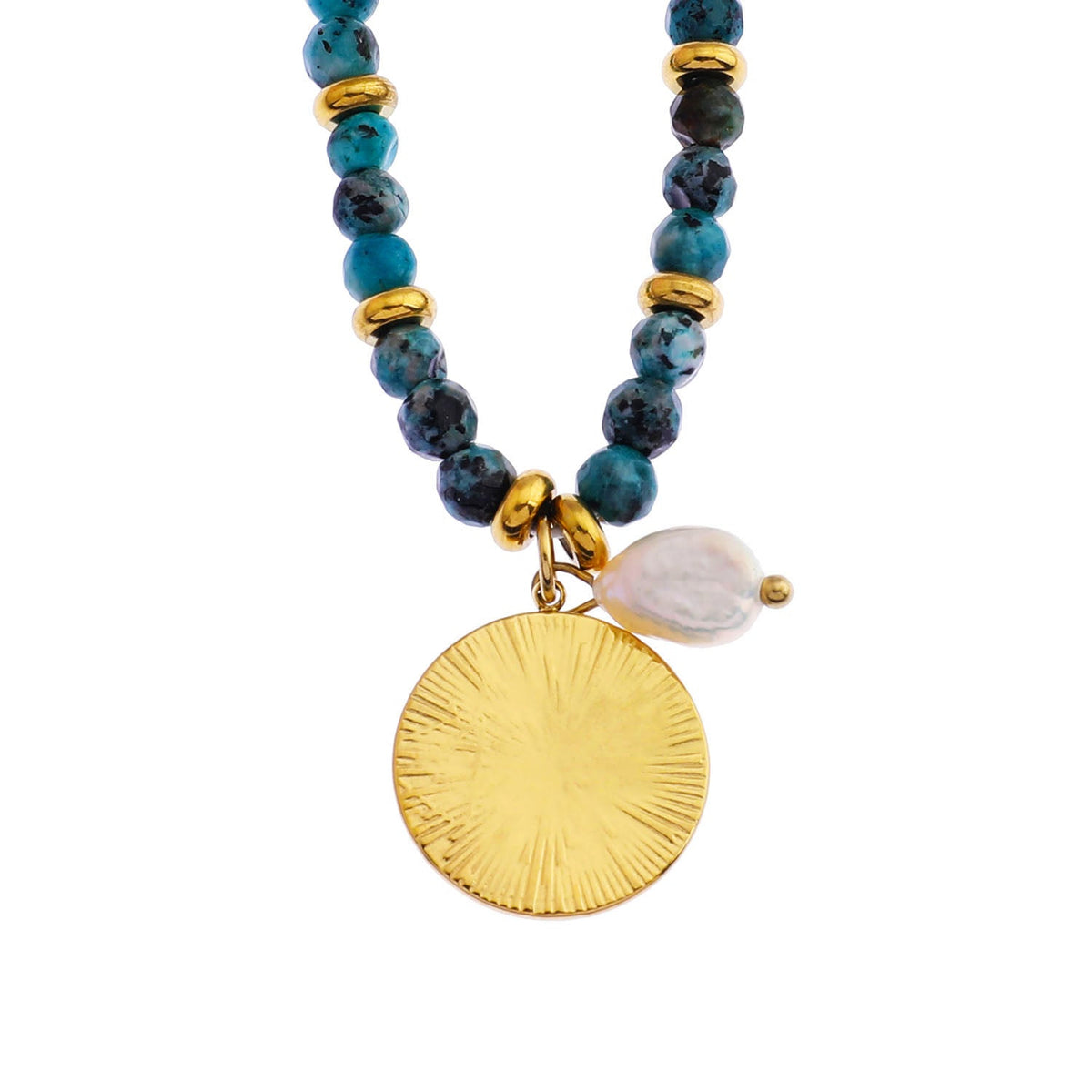 MEDELLIN : Chaîne Contemporaine avec Perles de TURQUOISE AFRICAINE et Duo de Pendentifs