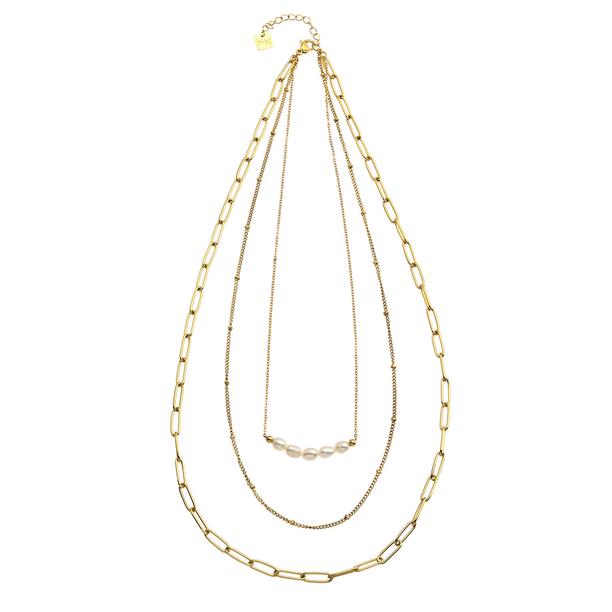 Collier MARLI multichaînes 3 rangs en or avec perles naturelles
