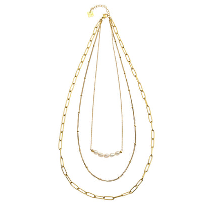 Collier MARLI multichaînes 3 rangs en or avec perles naturelles