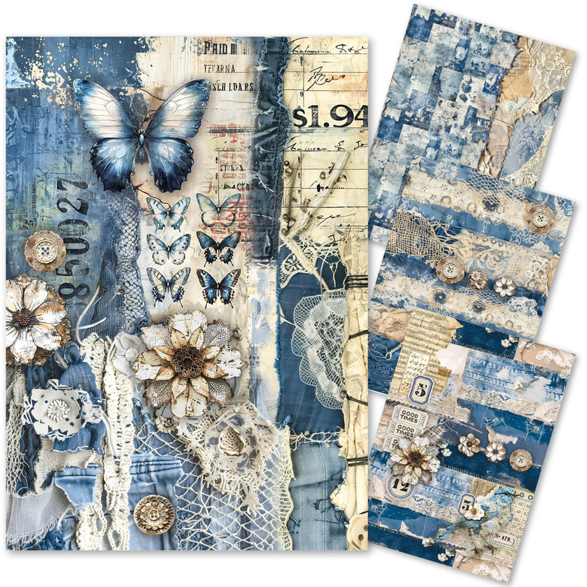 Papier de riz technique mixte A4, lot de 4, motif Urban Blue Denim