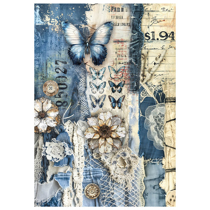 Papier de riz technique mixte A4, lot de 4, motif Urban Blue Denim
