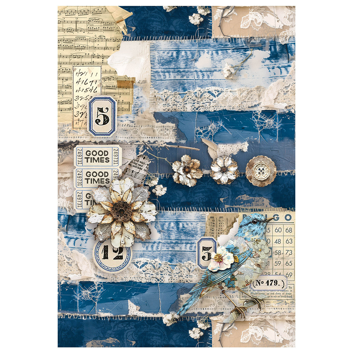 Papier de riz technique mixte A4, lot de 4, motif Urban Blue Denim
