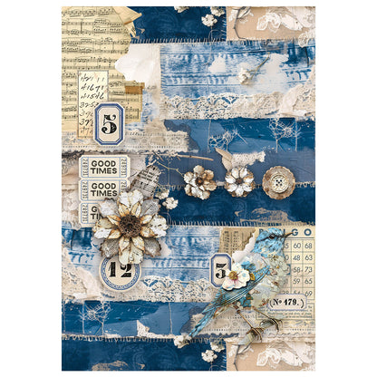 Papier de riz technique mixte A4, lot de 4, motif Urban Blue Denim