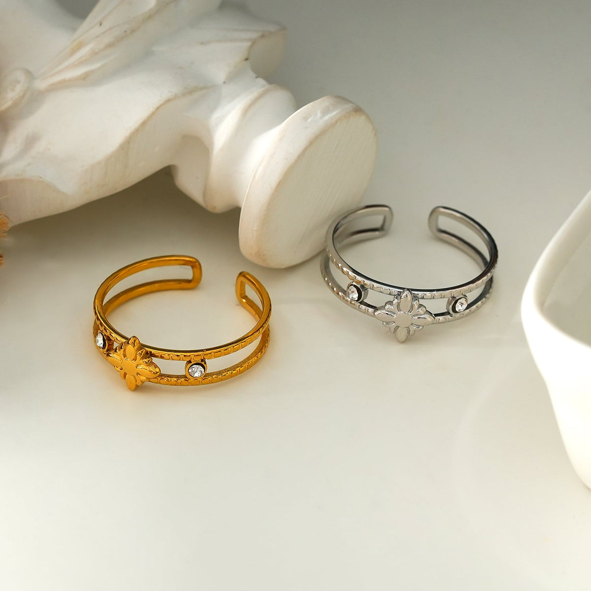 MICHELE White Gold (Silver Toned):  Vintage Inspired Double Stacked Ring.
