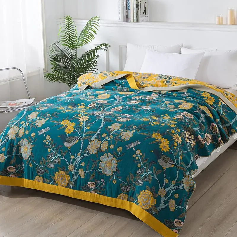 Jeté de lit/Couverture en coton bohème Wild Garden - Sarcelle/Jaune