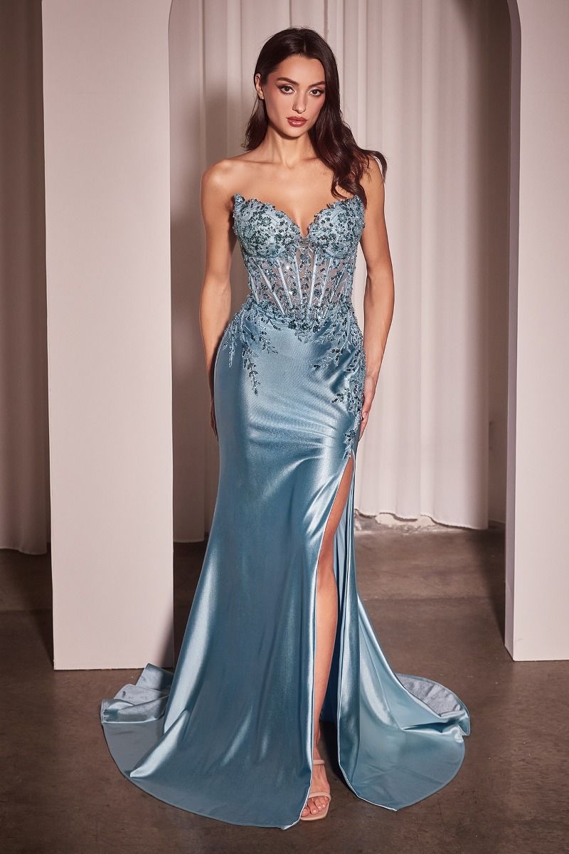 ROBE FOURREAU SANS BRETELLES EN SATIN ET DENTELLE