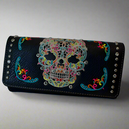 Portefeuille à trois volets en similicuir Sugar Skull pour femme Open Road
