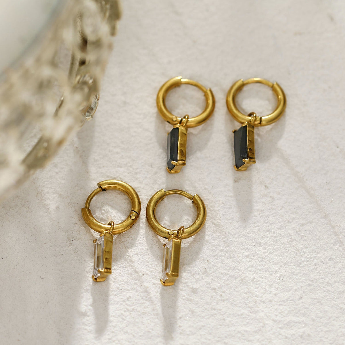 CACA Gold: Vintage Inspired Encased Clear Crystal Drop Hoop Earrings