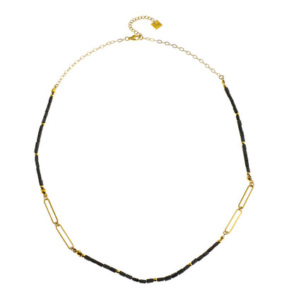 Collier chaîne trombone perlé LORENA noir et or