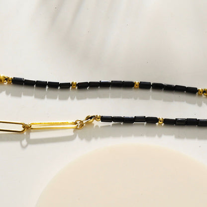 Collier chaîne trombone perlé LORENA noir et or