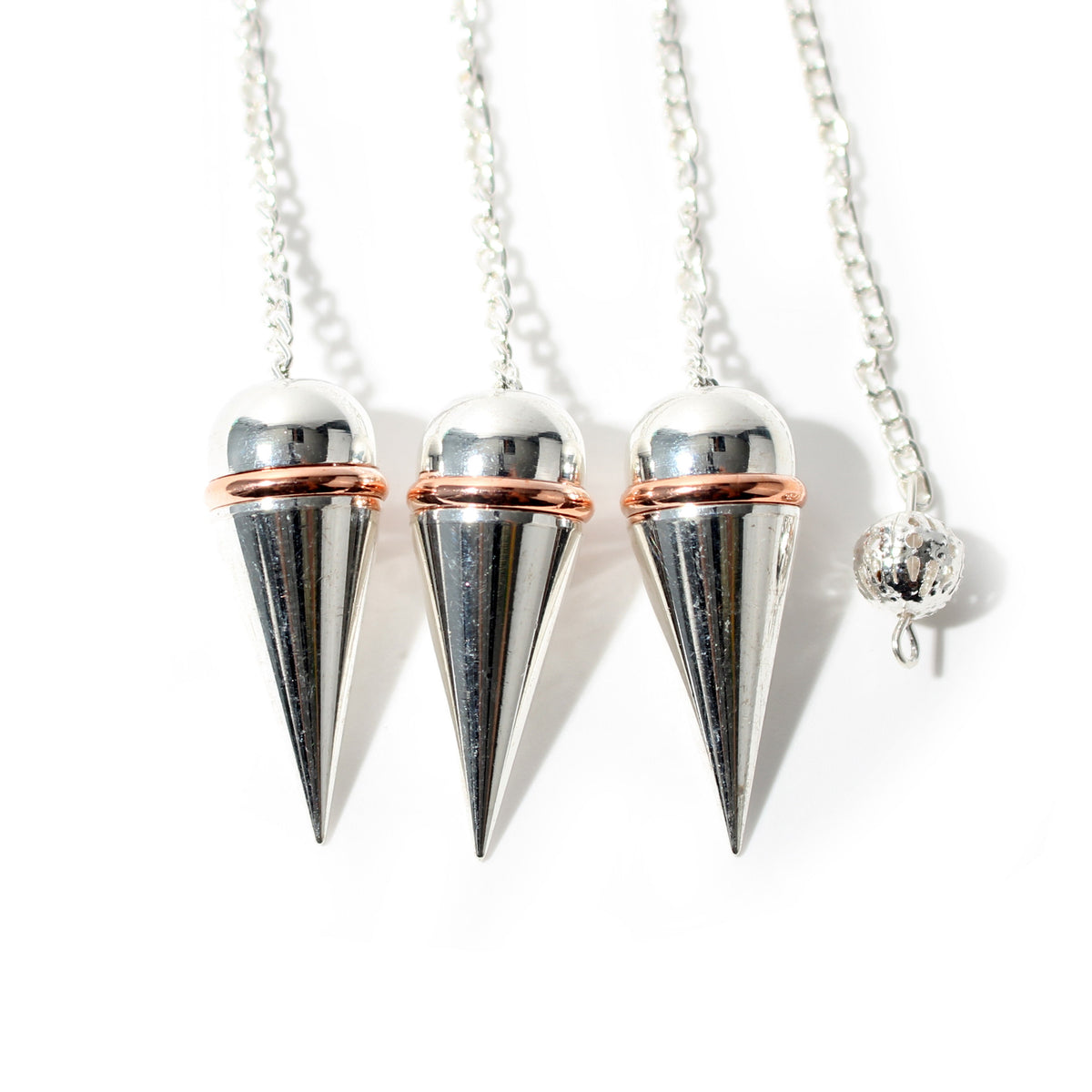 Silver Colour Metal Secret Chamber Point Pendulum with Copper Ring and Chain - 3 Pack