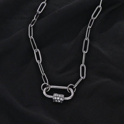 PEIGI Silver: Paper Clip Chain with Zirconia Accented Carabiner Charm
