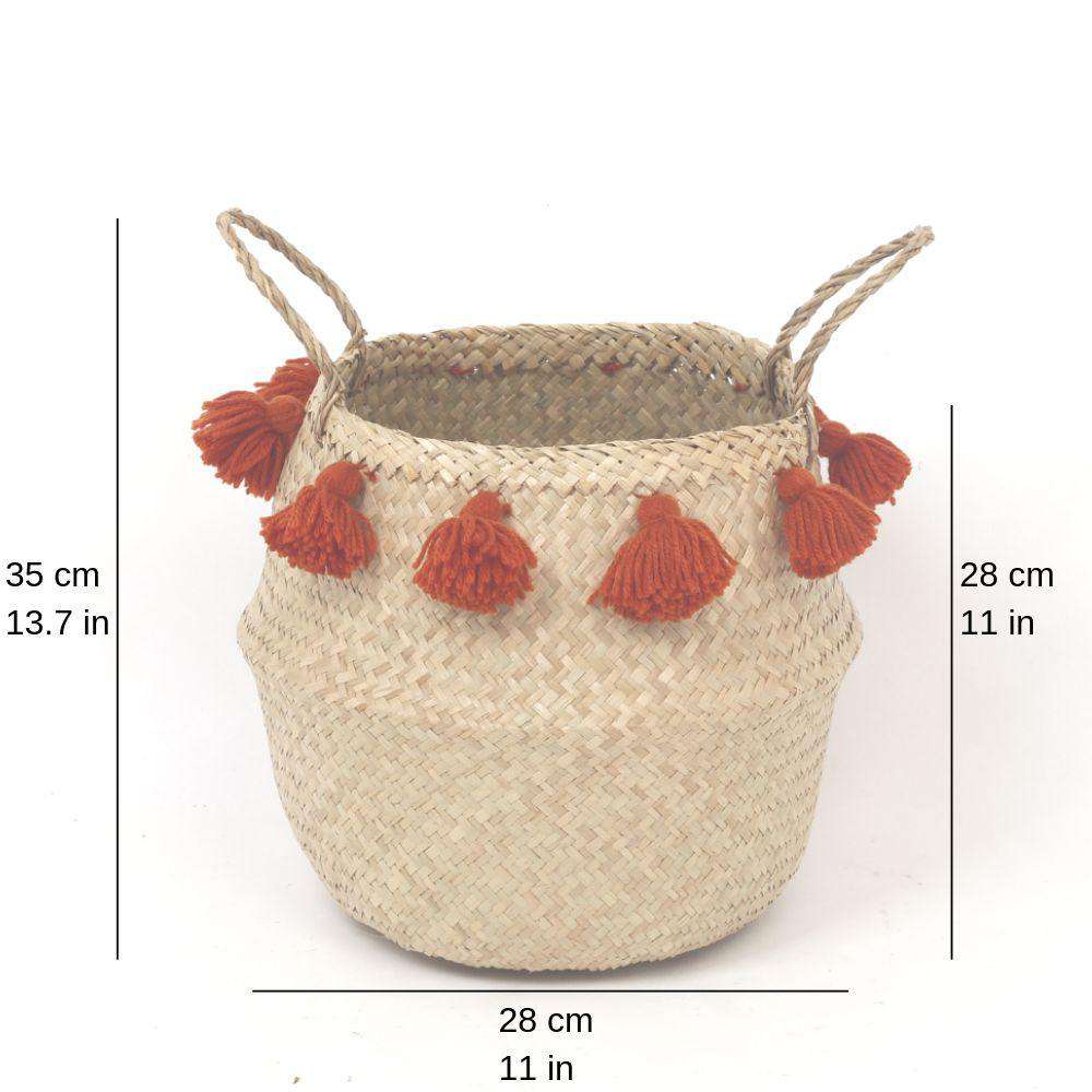 Porta - Panier en jonc de mer avec pompons oranges