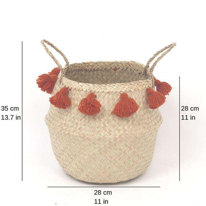 Porta - Panier en jonc de mer avec pompons oranges