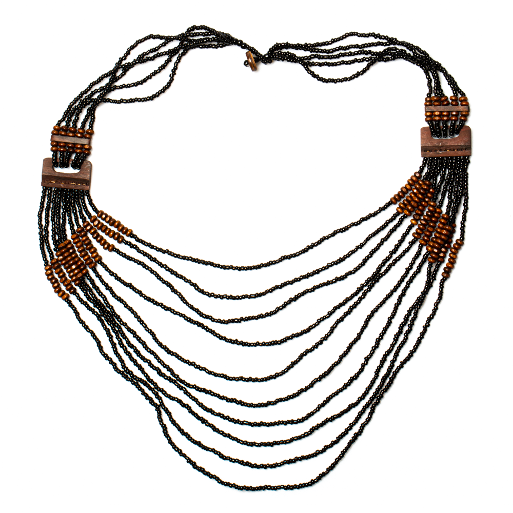Long Multi Strand Necklace With Wood Detail