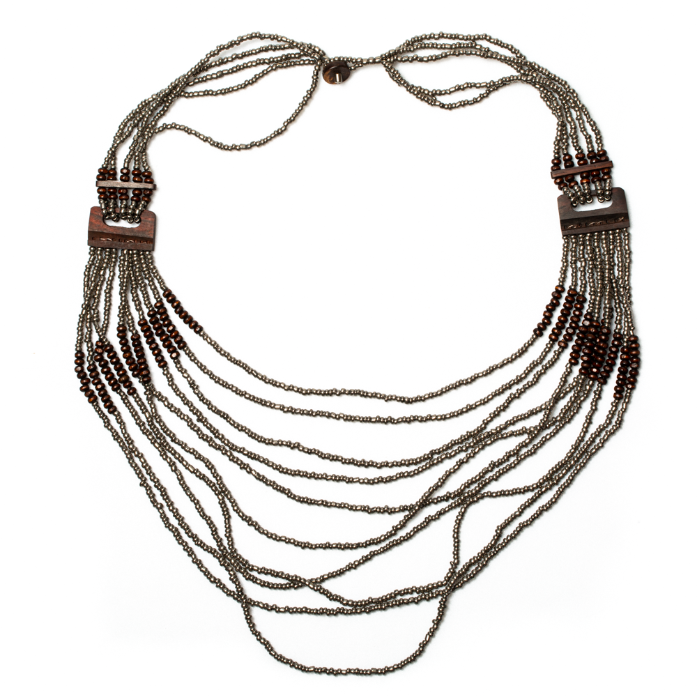 Long Multi Strand Necklace With Wood Detail