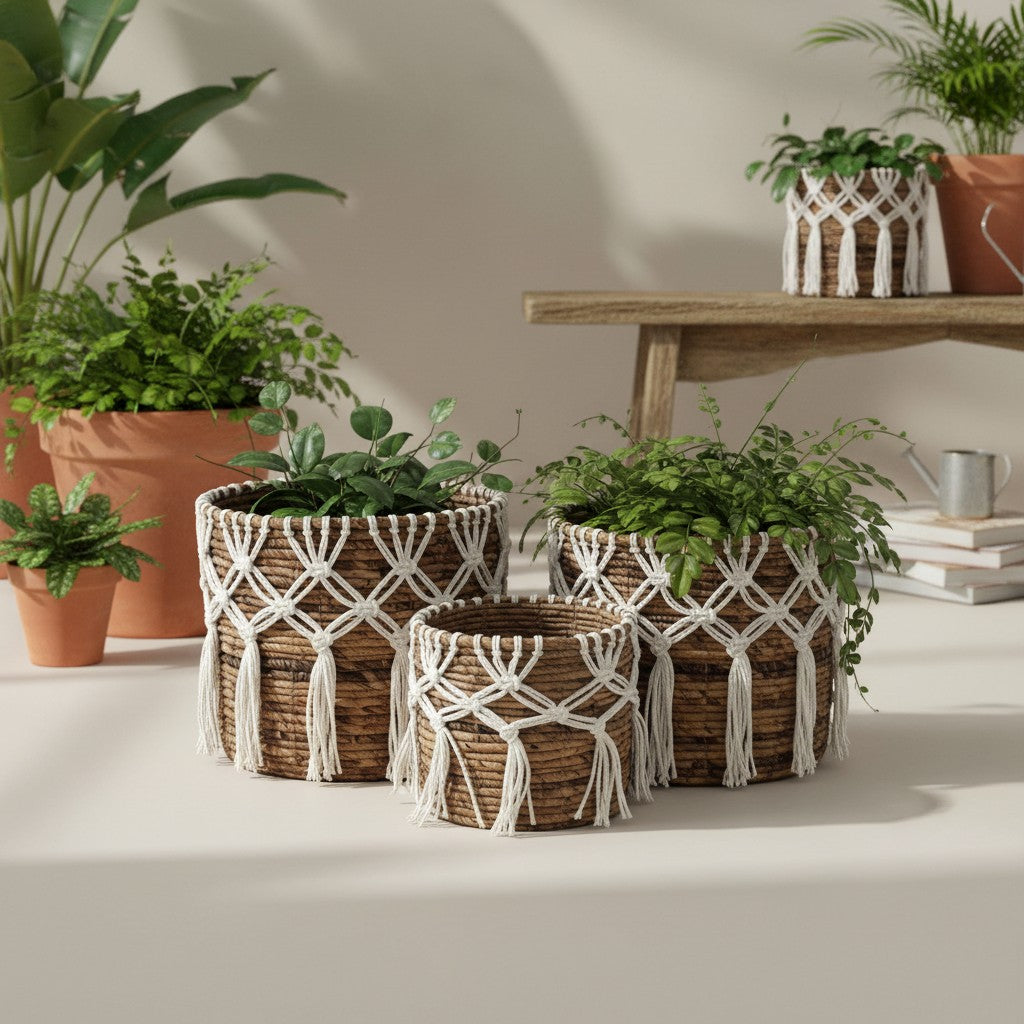Banana Leaf & Macrame Tassel Planter Basket