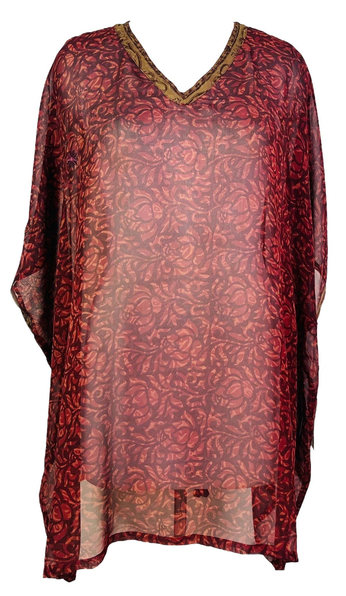 PRG7480 Tunique courte caftan en pure soie Sheer Avatar sans fentes