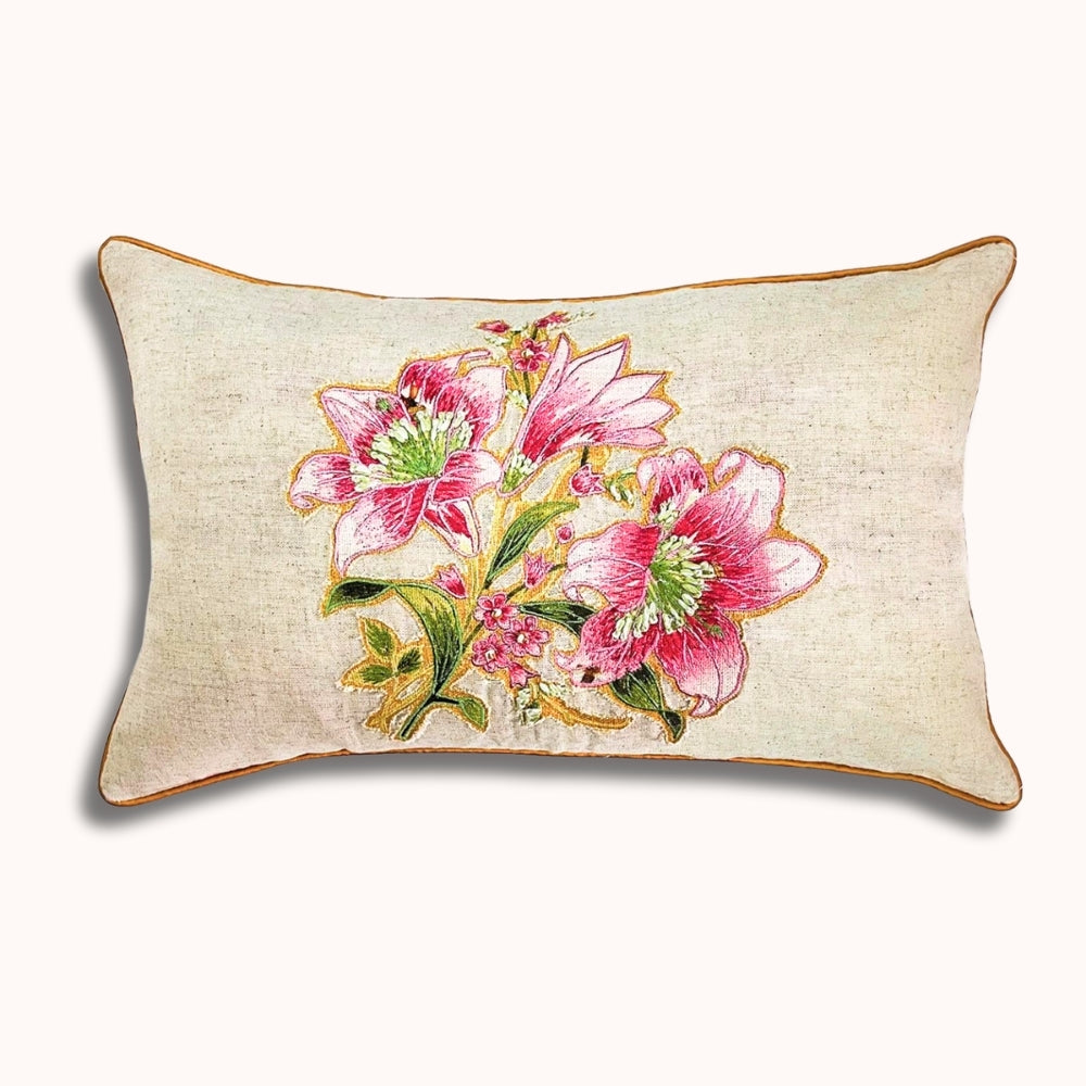 Housse de coussin lombaire brodée florale 12x20" – Avant en coton, arrière en soie de papier