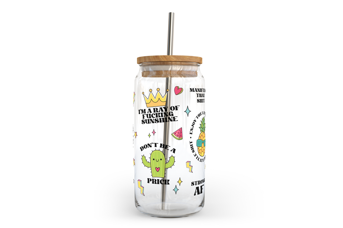 Bocal en verre Pop Art Affiramtions avec couvercle en bambou