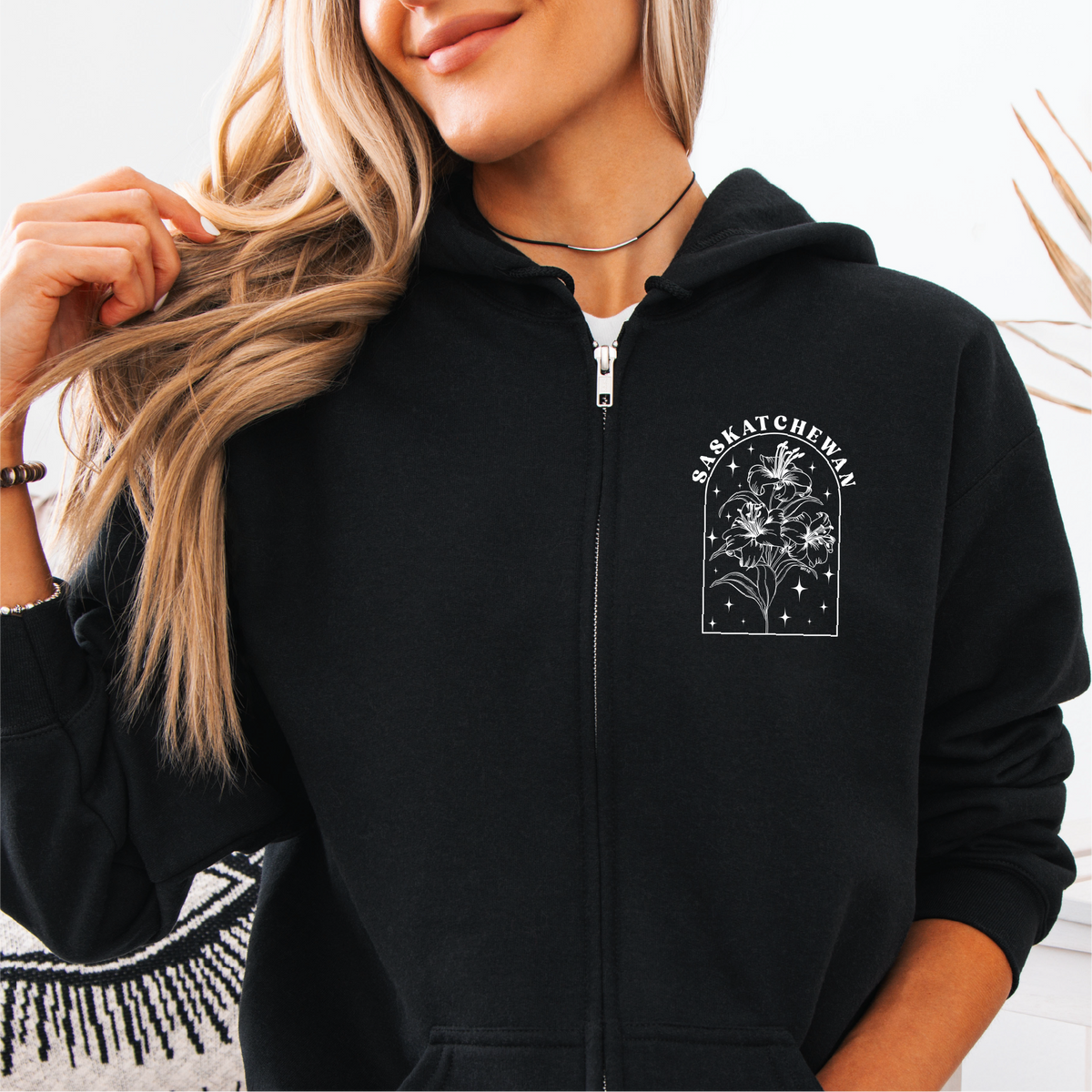 Prairie Lily Line Art Unisexe à Fermeture Éclair | Vêtements Saskatchewan
