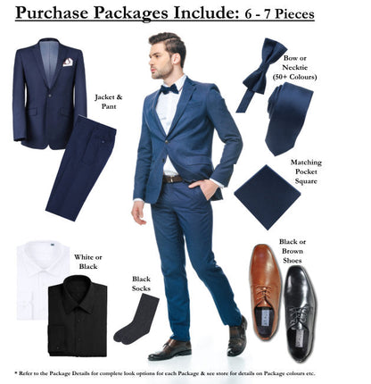 CRÉEZ VOTRE FORFAIT : Costume ajusté extensible bleu (Le forfait comprend : un costume 2 pièces, une chemise, une cravate ou un nœud papillon, une pochette assortie et des chaussures)