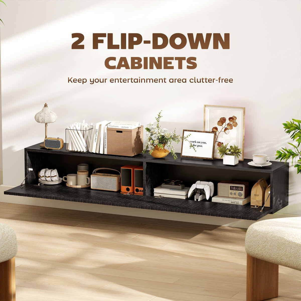 Jesse 55" Floating TV Stand with 2 Fluted Flip-Down Doors for TVs up to 72"-Black