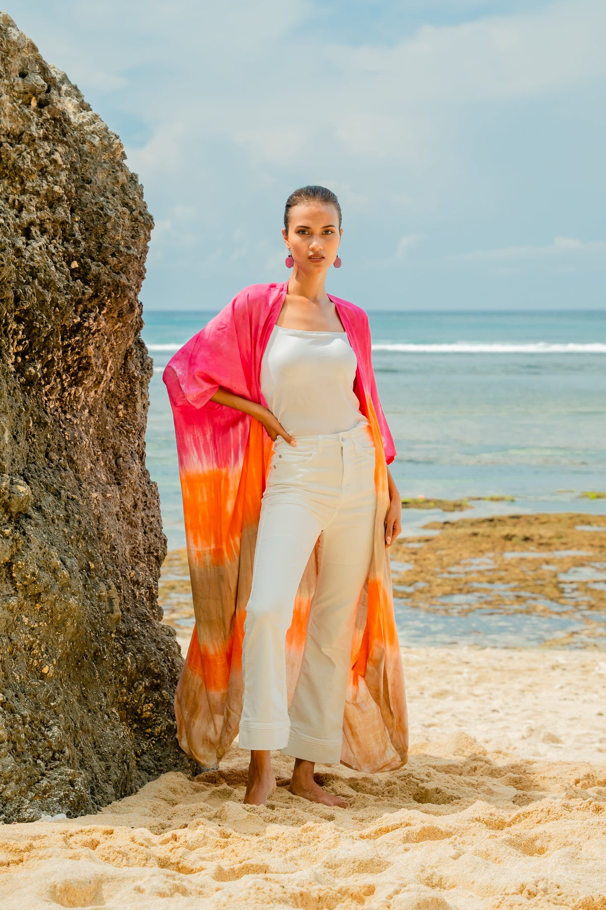 Kimono rayé ombré - Rose et orange